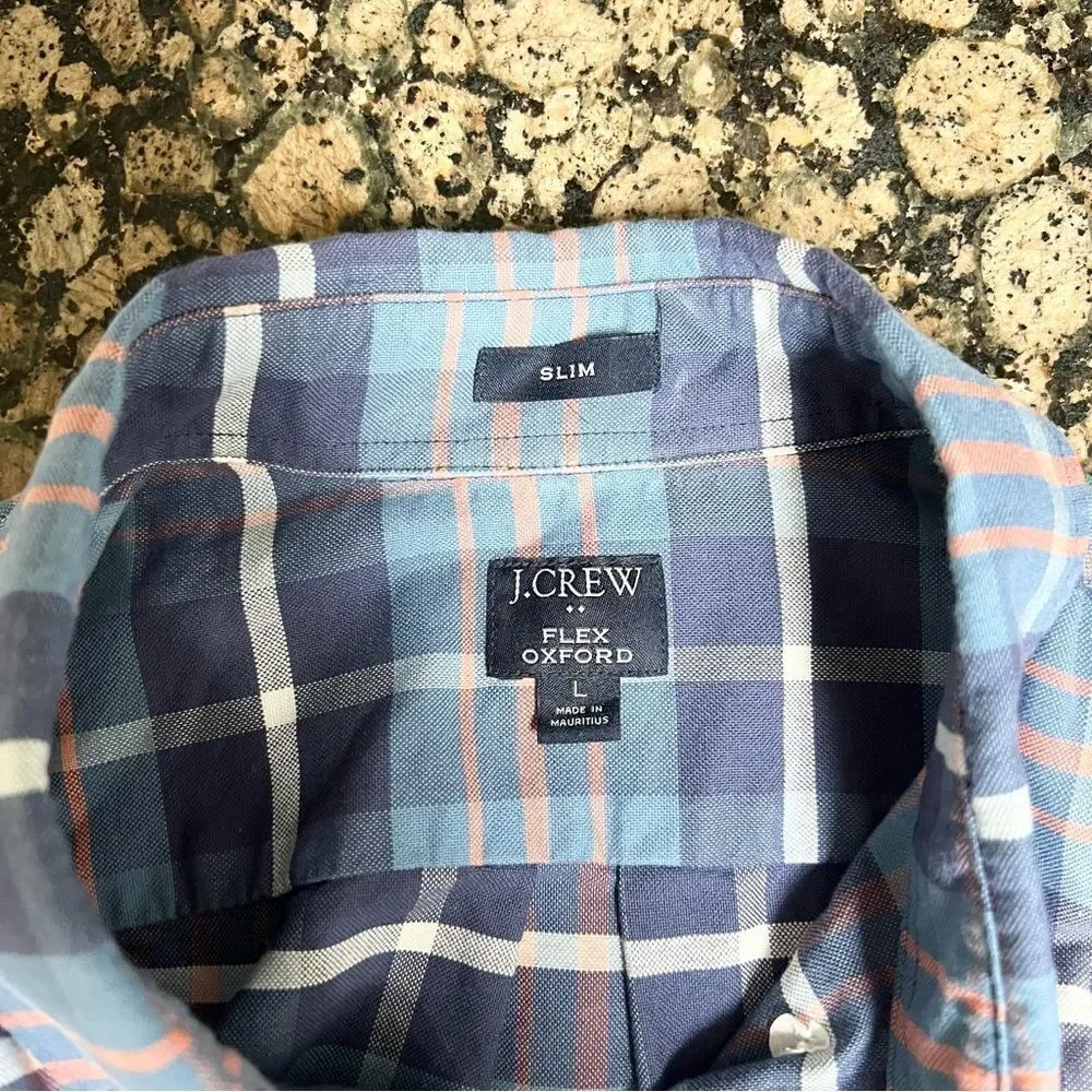 J. Crew Flex Oxford Slim Plaid Button Down Casual Shirt Long Sleeve Mens Size L